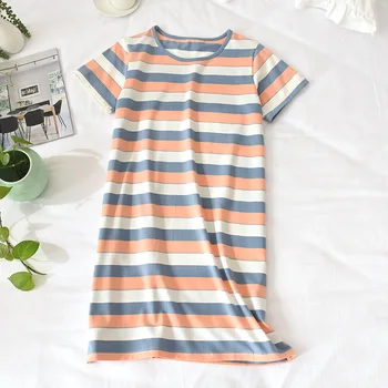 

Pure Cotton Knitted Colorful Striped Night Skirt Summer Thin Short-sleeved Loose Stretch Home Dress Ropa Para Dormir De Mujer