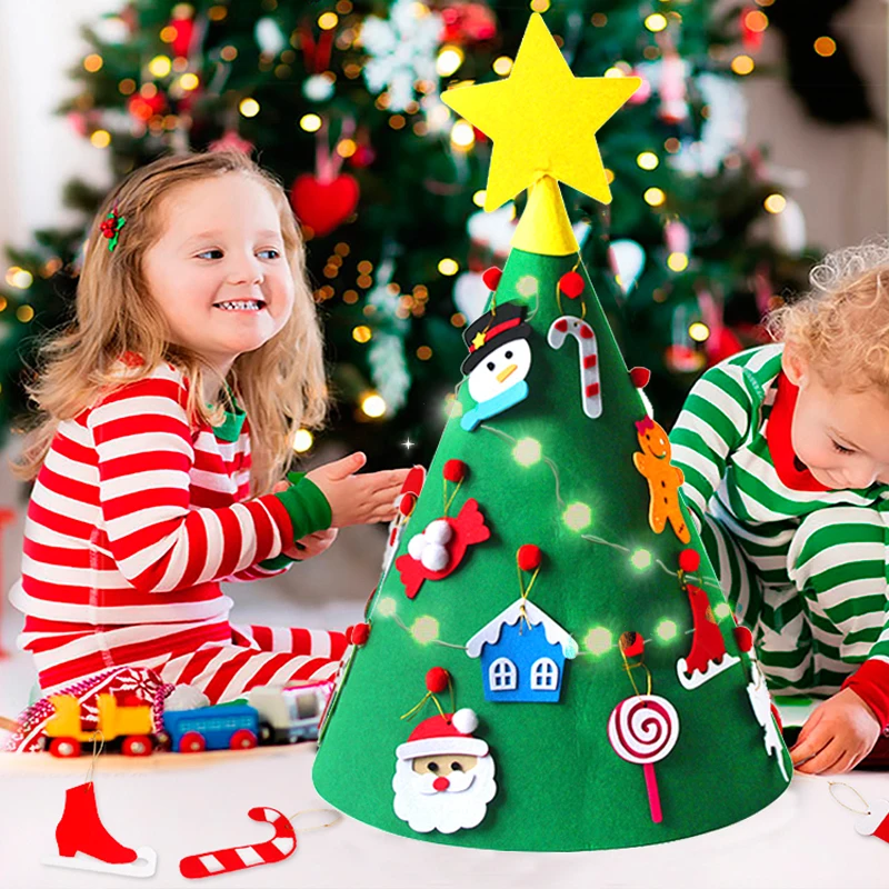 

2020 New Year Glitter LED Christmas tree Made by felt Tree skirt With Santa hanging ornament Decorations for home navidad gift