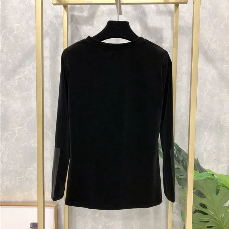 

Топы из натуральной кожи в стиле пэчворк, женские повседневные футболки с круглым вырезом и длинным рукавом, приталенный пуловер на осень и зиму, женские офисные футболки, женская футболка