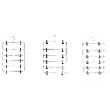 

6 Layers Space Saving Pants Skirts Organizer Non-Slip Foldable Steel Closet Wardroble Hanger with Clips Home Multifunction Rack