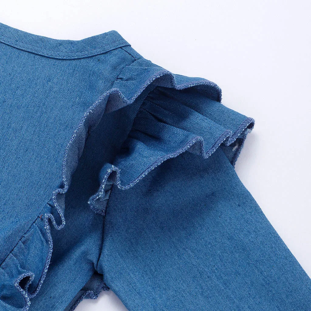 Платье для маленьких девочек vestido Infantil Menina فساتين اطفال/осень, с цветочным принтом, отделка: пэтчворк, рюши; платье из джинсовой ткани, комплект в стиле «Принцесса» Z4