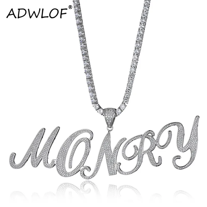 

Custom Name Cursive Letters Pendant With 4mmTennis Chain Iced Out Bling Cubic Zirconia Copper Necklace Menâ€™s Hip Hop Jewelry