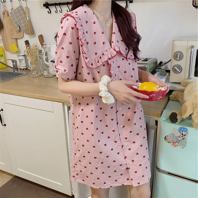 

Princess Wind Nightdress 2021 Summer Korean Loose Lotus Edge Lapel Cotton Sweet Home Dress Nightgown Female Sleepwear Nightwear