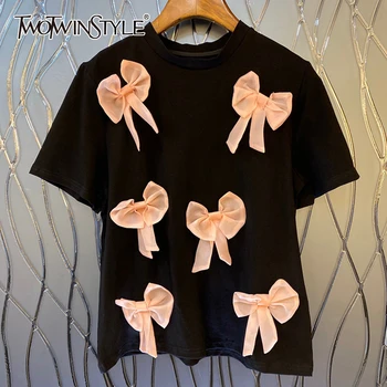 

TWOTWINSTYLE Casual Patchwork Bownot Women T Shirt O Neck Short Sleeve Loose Hit Color T-Shirt For Female Fashion Clothes Tide