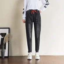 Новые уличные женские джинсы с высокой талией осенние свободные джинсы-шаровары с эластичной резинкой на талии эластичные джинсы повседневные корейские джинсы