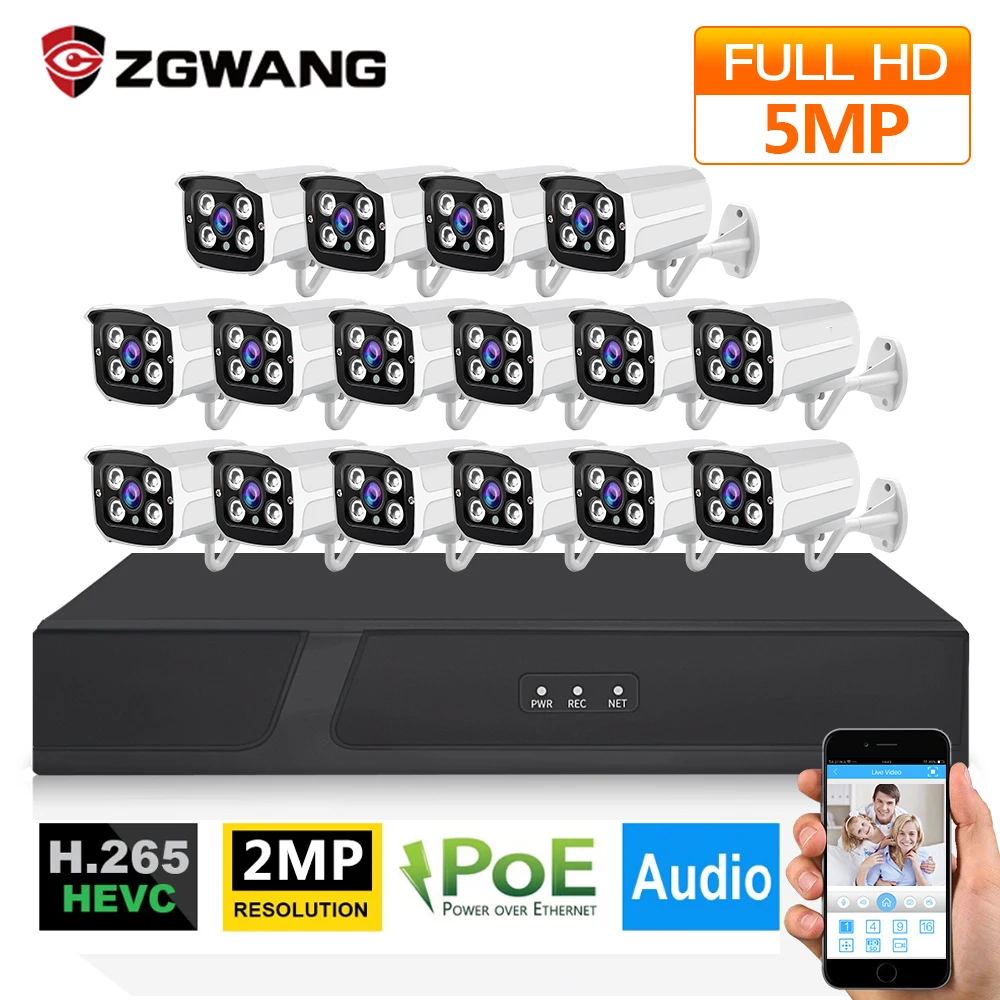  5MP 16CH cámara IP POE NVR Kit de sistema 1080P impermeable al aire libre P2P Cam HDD CCTV Audio Vi