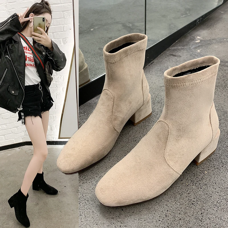 

2019 New Sock Boots Autumn Winter Short Ankle Boots for Women Shoes Woman Round Toe Block Mid Heels Black Flock Ladies Boots