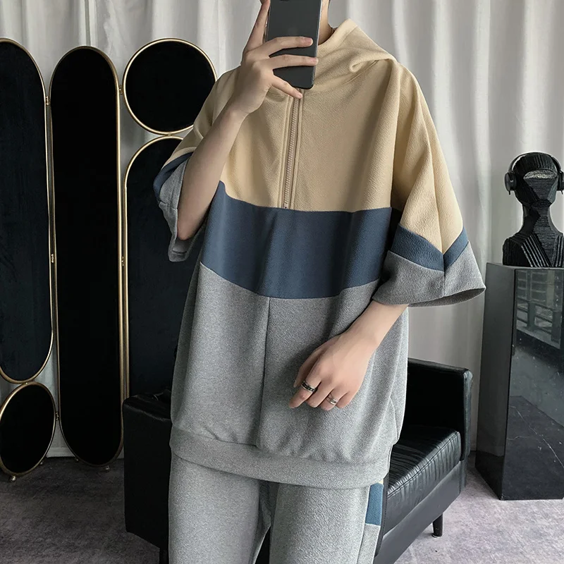 HENCHIRY Spring and Summer Fashion Hoodie Three Quarter Sleeve Men Loose Couple Clothing Women Short Color Matching Top | Мужская одежда
