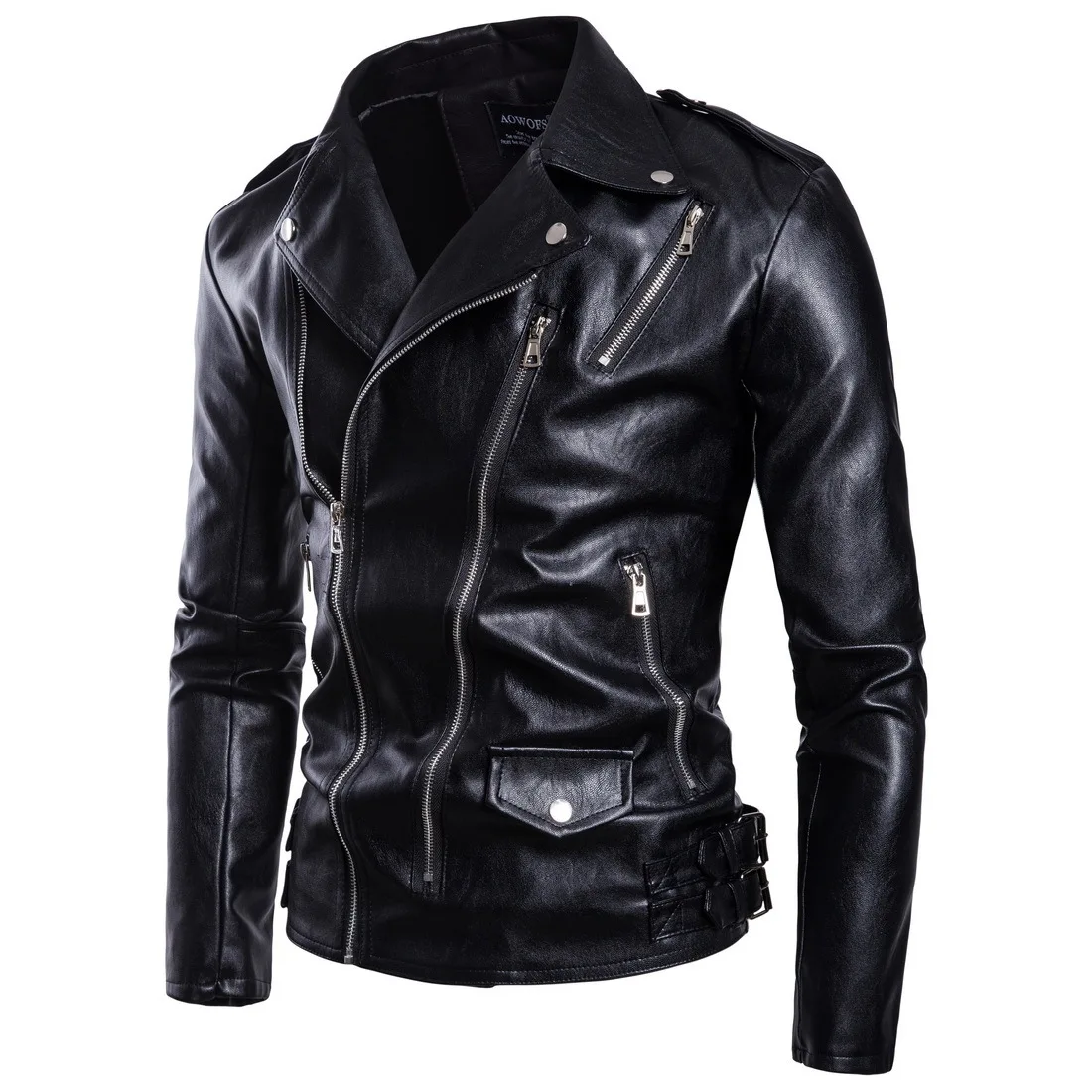 

2018 Autumn New Style Men Locomotive Large Size Leather Coat Oblique Zipper Cardigan Multi-Zipper Solid Color Long Sleeve Leathe