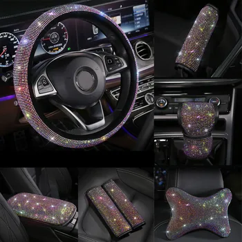 

Rhinestones Car Steering Wheel Cover Starry Sky Gear Shift Collar Handbrake Cover Luxury Seat Belt Cover Car Set