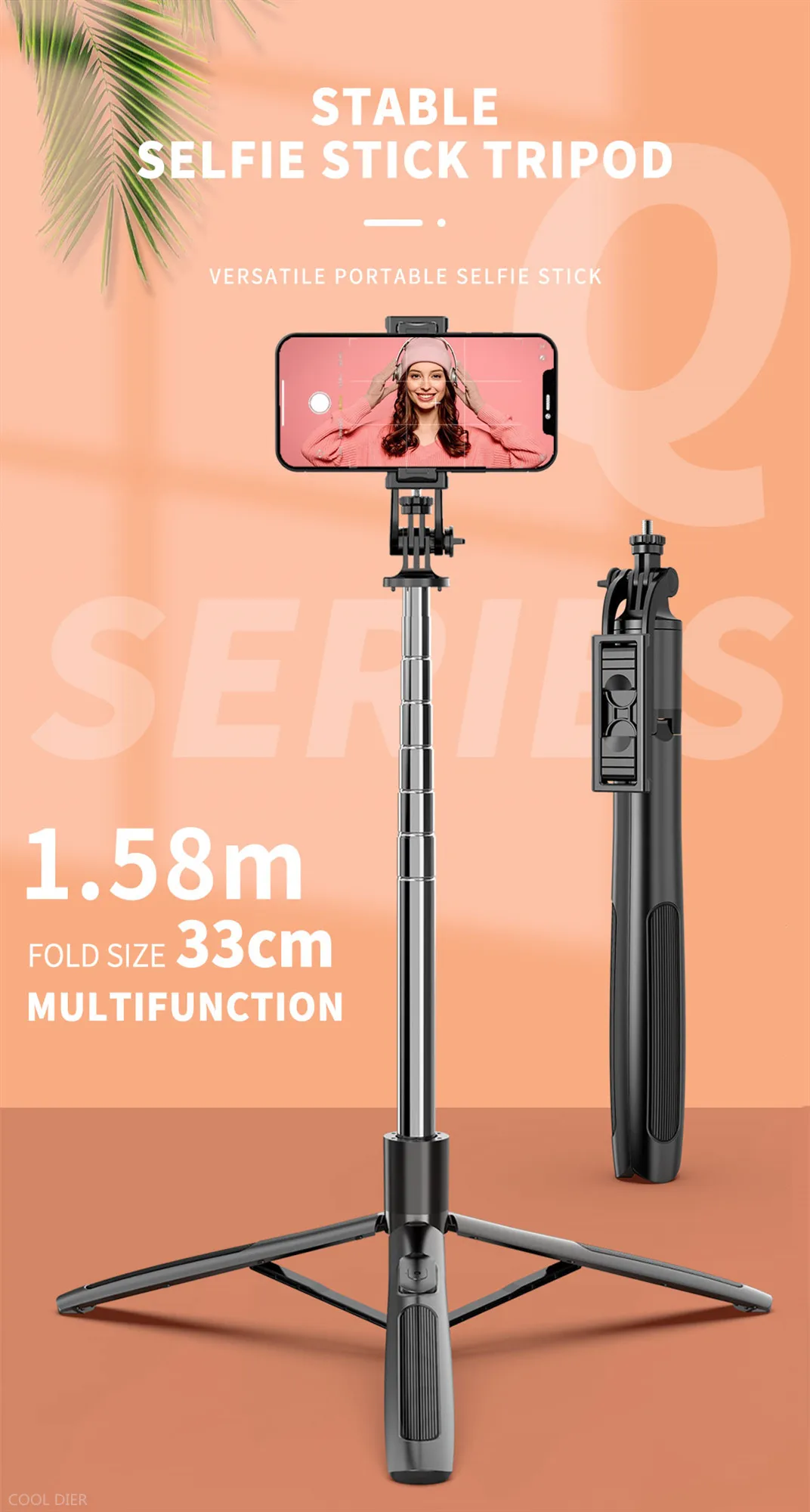 COOL DIER 1580mm New Wireless Selfie Stick Tripod Foldable Monopod With Fill light For Gopro Action Cameras Smartphones Selfie