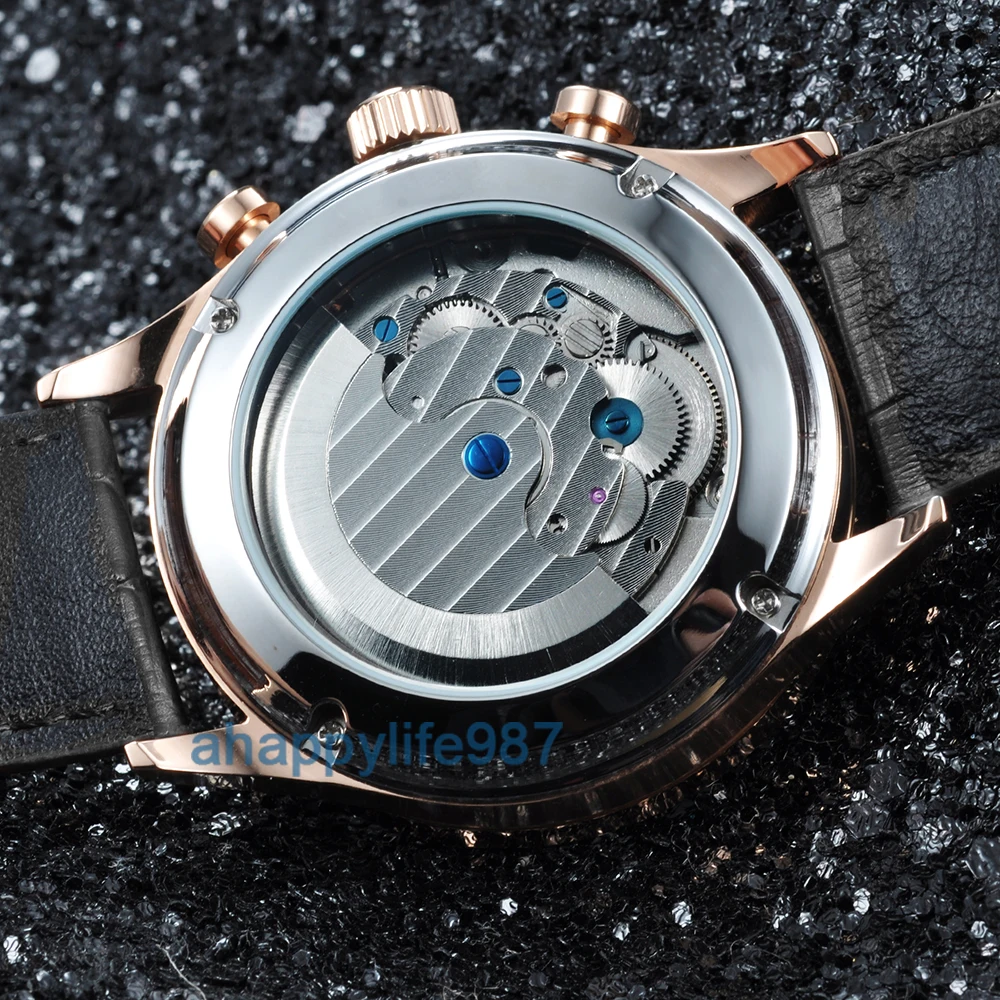 44 мм Rosegold Hand gewolbtes стекло Mondphase дата и тег автоматические часы