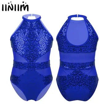 

Kids Girls Ballerina Contemporary Dance Costumes Holographic Mesh Cutouts Back Ballet Dance Class Gymnastics Leotard Dancewear