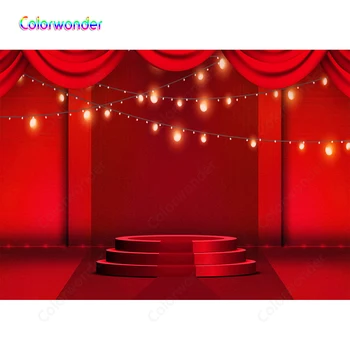 

Red Backgrounds 7x5ft Small Stage with Carpet Photography Wooden Vintage Wall with Yellow Lights Curtains Backdrops for YouTube
