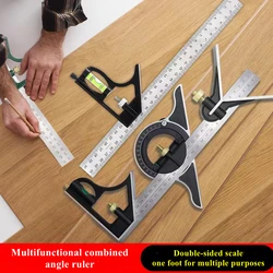 Conjunto de régua de ângulo quadrado 3In1 Aço inoxidável ajustável multi combinação Régua de ângulo reto Transferidor Ferramentas de medição para carpintaria