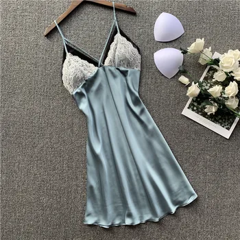 

Sexy Satin Sleepwear Women Nighty Spaghetti Strap Nightdress Lace Patchwork Nightwear Bathrobe Intimate Lingerie Silky Homewear