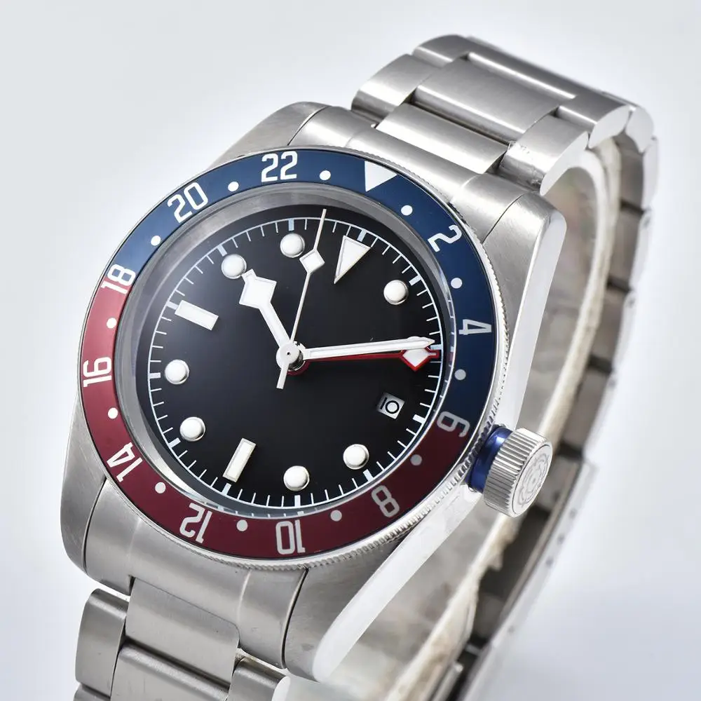 GMT automatic mens watch 3804 GMT movement stainless steel case and steel bracket black sterile dial BAY-01