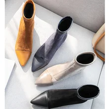 Botines Mujer; коллекция года; зимние ботинки; женские Модные осенние ботинки из флока на меху с острым носком без застежки; Женская обувь в стиле панк и Готика