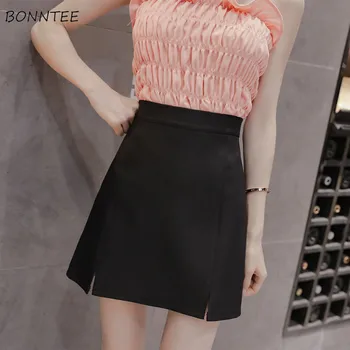 

Skirts Women Mini High Waist A-Line Solid Simple Slim Split Korean Style Chic Leisure Office Lady Elegant Vintage Novelty Womens