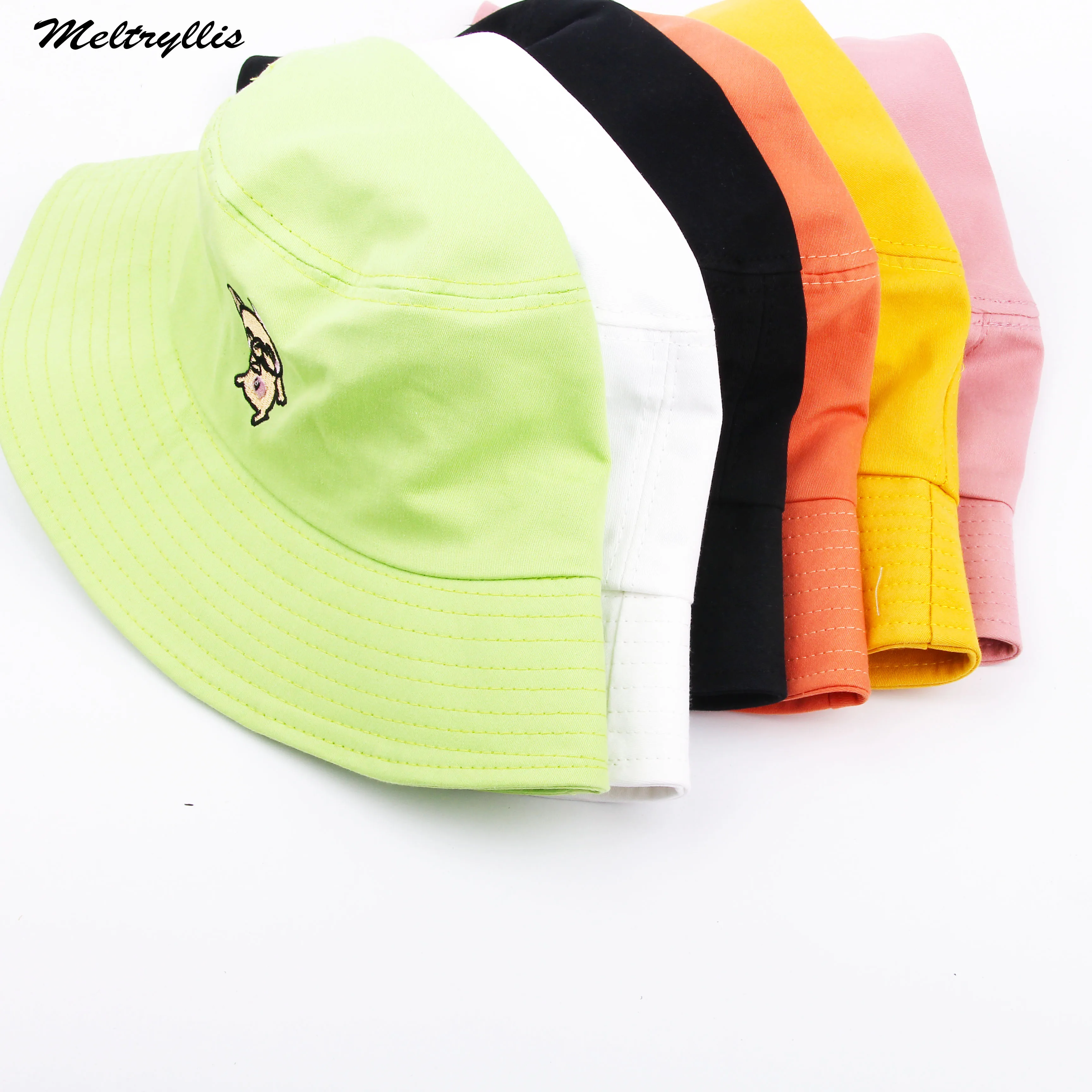 

[Meltryllis] New Fashion Summer Cute Solid Color French BullDog Animal Embroidery Bucket Hat For Men Women Outdoor Portable Cap