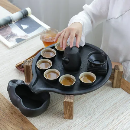 Каменная мельница, чайный поднос, домашний, простой, керамический, сухой, пузырьковый стол, Круглый, кунг-фу, деревянный чайный столик, черный, керамический, чайный поднос, творческие подарки