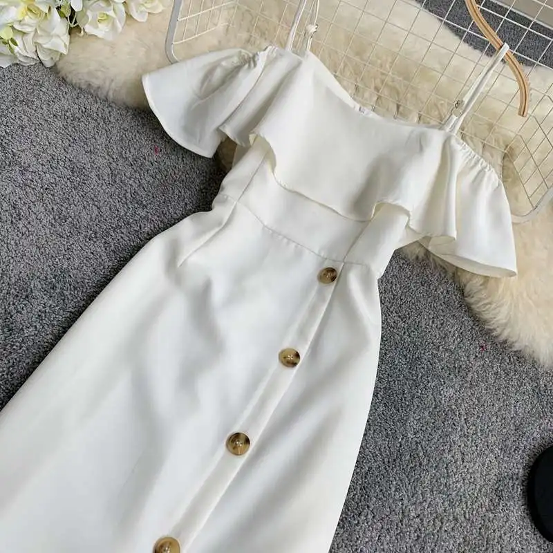 Вечерние платья с однотонными пуговицами Vestidos с вырезом лодочкой и открытыми плечами, летнее платье для женщин, с оборками, обтягивающие соблазнительные платья AE818