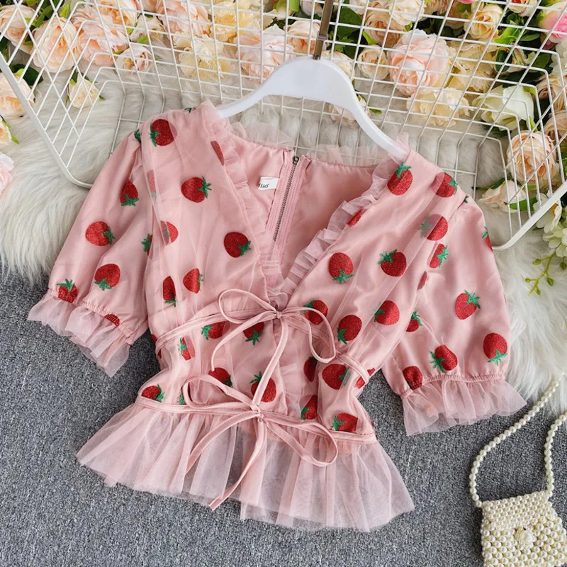 Pink Strawberry Mesh Blouse Women Shirt Sexy V Neck Puff Sleeve Women Blouses Shirts Casual Sweet Tops Female Strawberry Blouse Pink Strawberry Mesh Blouse Women Shirt Sexy V Neck Puff Sleeve Women Blouses Shirts Casual Sweet Tops Female Strawberry Blouse