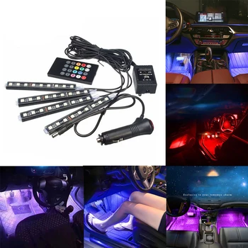 

4 in 1 Car Atmosphere Light Colors Change Voice Wireless Remote Control Auto Interior LED Strip Light