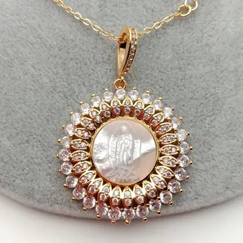 

natural White mother Of pearl Virgin Mary Pendant around white Zirconias pave Necklace for Women Jewelry
