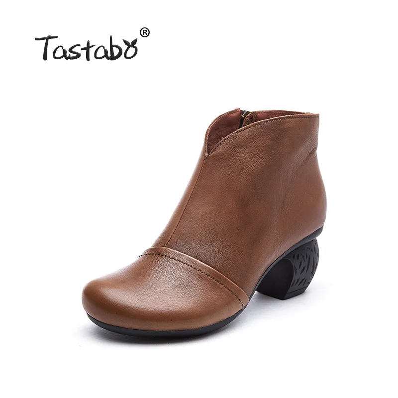 Tastabo manual Genuine Leather high heel women's boots Black brown Vintage texture S3655-3 Comfortable shoes Wear-resistant