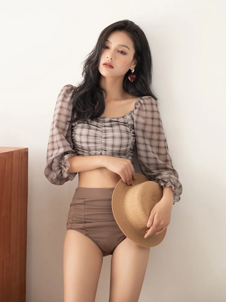 

Pet Her Waves Gold New Style Split Type Triangular Bathing Suit Women's Sexy Bubble Hot Spring Long Sleeve Retro Push up Pattern