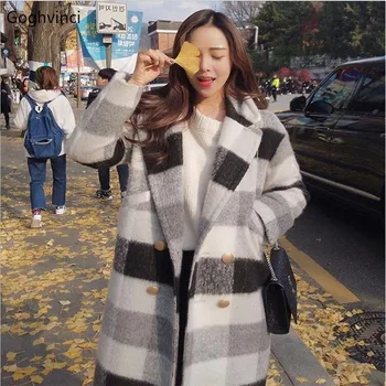 

Wool Women double Breasted Straight Plaid Retro Simple All-match Korean Style Elegant Ladies Blends Womens Soft Daily Pockets