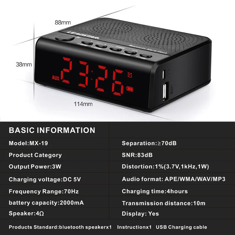 Будильник Портативный беспроводной Bluetooth Fm радио динамик Led сабвуфер аудио Tf Mp3 Wma Ape Usb порт телефон громкой связи