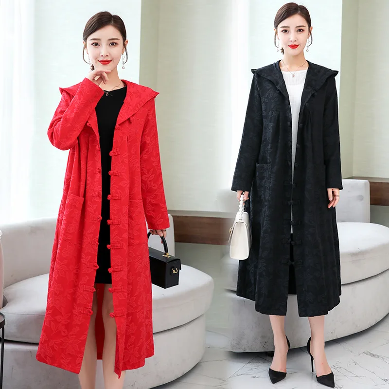 

Origional Jacquard WOMEN'S Dress Frog Robe Loose Hooded Long Sleeve X-long Cloak Trench Coat Cardigan