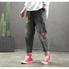 Женские джинсы деним брюки с заплатками карманы Вышивка Ретро винтажная мода повседневные длинные большие свободные на осень весну AZ38192219