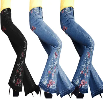 

2020 Jeans for Women Large size Jeans Elastic Plus Loose Denim Embroidery Casual Boot Cut Pant Jeans джинсы женские