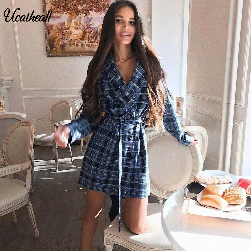 

Double Cottons Elegant Plaid Blazer Dress Autumn Women Long Sleeve Oversized Jacket Office Lady Belt Bodycon Casual Streetwear