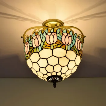 

30cm European-Style Pink Tulip Colored Glass Restaurant Bedroom Corridor Bathroom Glass Semi-Hanging Ceiling Lamp