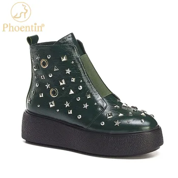 

Phoentin green ankle boots female geometric rivet autumn women's shoes thick sole punk cool street shoes zipper elastic FT1094