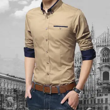 

Fashion Men Solid Color Long Sleeve Turn Down Collar Slim Fits Office Shirt Top
