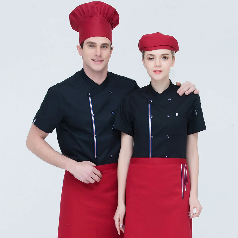 Unisex Casual Soft Chef Jackets Short Sleeve Oblique Collar Double Breasted Kitchen Catering Restaurant Food Serive Work Uniform