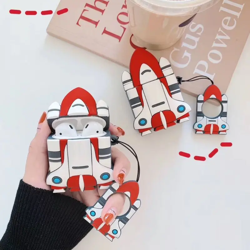 

Unique Rocket Pattern Soft Silicone Protective Case Shockproof Cover Skin Protector with Lanyard for Airpods 1/2 Charging Box Ac