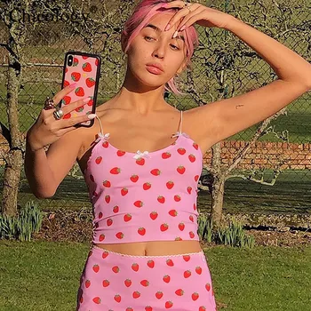 

Chicology pink strawberry print cute camis thin strap crop top women sexy streetwear 2020 rave festival short clothes summer