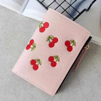 

New Hot Fashion Women Short Wallet PU Leather Cherry Embroidery Coin Purse Card Holders Lady Girl Mini Money Bag SMR88