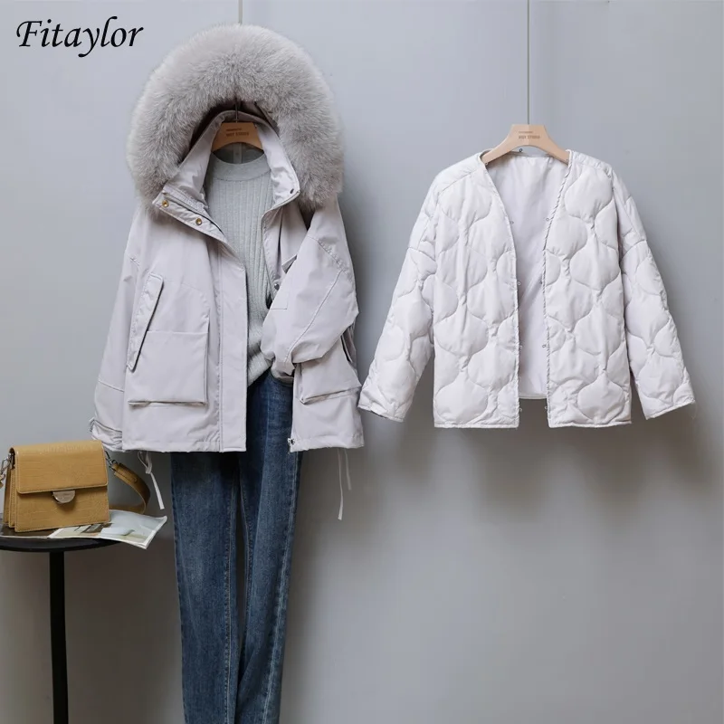 Fitaylor/Зимний женский пуховик с капюшоном из натурального Лисьего меха 90% утиного