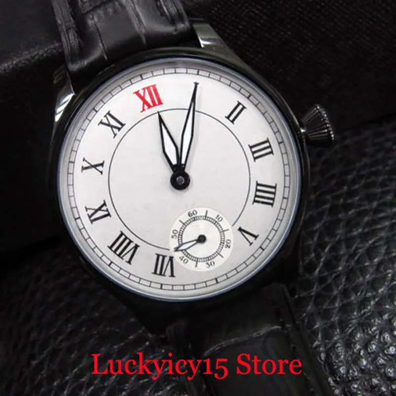 

Fashional Sterile Dial 44mm PVD Watch Case PARNIS Roman Numbers Black Leather Strap