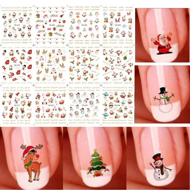 12 шт/1 лист 3D Рождественские наклейки для ногтей рождественские Санты Снеговики деревья снежинки наклейки для ногтей DIY клей маникюрные советы