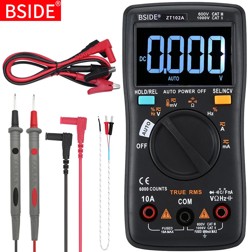 Skup Cyfrowy multimetr BSIDE ZT102 102A true rms Auto zakres multimetr woltomierz amperomierz temperatury pojemności Ohm HZ NCV Tester