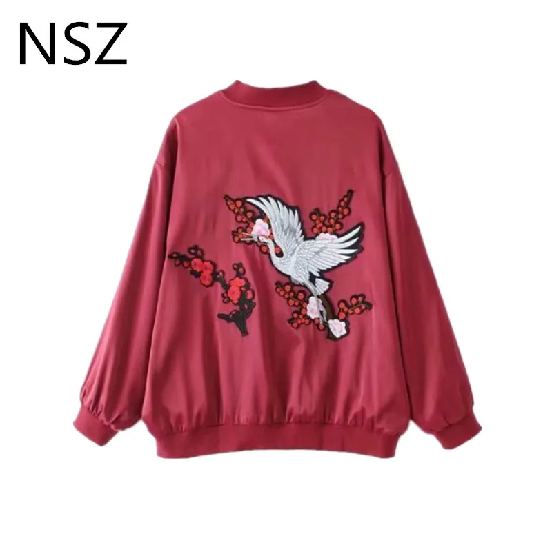 

NSZ Women Embroidery Satin Bumper Jacket Long Sleeve Zipper Fashion Coat Outerwear Chamarra Bomber Mujer