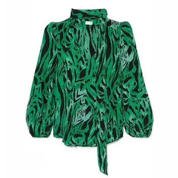 

Women Shirt 2019 New Green Zebra Print Lantern Sleeve Ribbon Silk Shirt